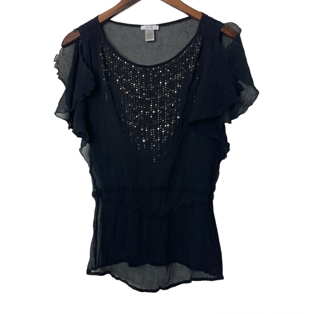 Cache Black Sheer Flutter Sleeve Top with Front Sequins